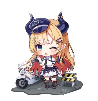 1girl black_boots black_necktie blonde_hair blush boots breasts chibi chibi_only colored_inner_hair commentary_request cuffs demon_horns diorama green_eyes hair_ornament hairclip handcuffs hat highres holding holding_handcuffs hololive horns kiwipodo knee_boots large_breasts long_hair looking_at_viewer motor_vehicle motorcycle multicolored_hair necktie one_eye_closed open_mouth peaked_cap pointy_ears red_hair shirt skirt smile solo traffic_barrier two-tone_hair very_long_hair virtual_youtuber white_background white_shirt white_skirt x_hair_ornament yuzuki_choco yuzuki_choco_(police)