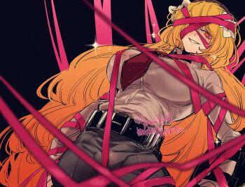 09wave_hb 1girl black_background black_pants breasts collared_shirt commentary_request cowboy_shot e.g.o_(project_moon) green_eyes grin ishmael_(project_moon) large_breasts limbus_company long_hair long_sleeves looking_at_viewer necktie orange_hair pants parted_lips pink_pupils pink_ribbon project_moon red_necktie ribbon roseate_desire_(e.g.o) see-through_clothes see-through_shirt shirt simple_background smile solo sparkle very_long_hair white_shirt