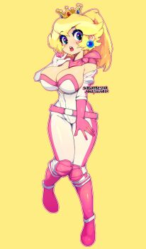 1girl absurdres ball_earrings biker_clothes biker_peach bikesuit blonde_hair bodysuit crown full_body gloves hand_on_own_leg hand_up highres index_finger_raised knee_pads mario_(series) mario_kart multicolored_bodysuit nintendo off_shoulder open_mouth partially_unzipped pink_gloves ponytail princess_peach race_queen simple_background slugbox subscribestar_username teeth the_super_mario_bros._movie two-tone_bodysuit two-tone_gloves upper_teeth_only yellow_background
