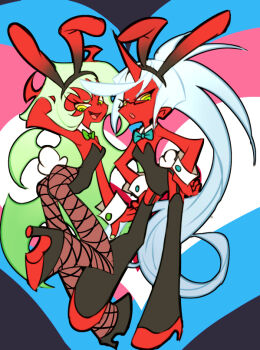 2girls alternate_hairstyle animal_ears black_footwear blue_hair bow bowtie breasts colored_skin demon_girl detached_collar fake_animal_ears fishnet_pantyhose fishnets flat_chest full_body glasses green_hair high_heels horn horns kneesocks_(psg) leotard long_hair long_legs multiple_girls nirak official_style panty_&amp;_stocking_with_garterbelt pantyhose playboy_bunny rabbit_ears rabbit_tail red_footwear red_skin siblings sisters strapless strapless_leotard tail wrist_cuffs