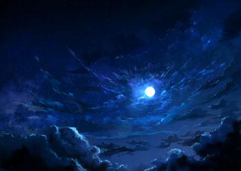 blue_theme cloud commentary_request full_moon highres moon n_(nnn2927) night no_humans original scenery sky sky_focus star_(sky) starry_sky