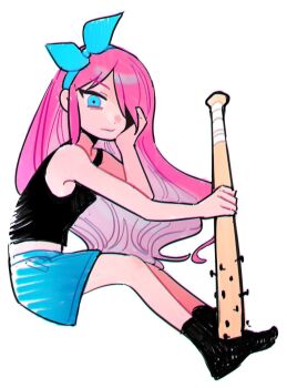 1girl aubrey_(faraway)_(omori) aubrey_(omori) baseball_bat black_socks blue_eyes blue_hairband blue_skirt bu3hgg closed_mouth crop_top denim denim_skirt full_body hair_over_one_eye hairband hand_on_own_cheek hand_on_own_face highres holding holding_baseball_bat long_hair looking_at_viewer nail_(hardware) nail_bat omori pink_hair simple_background skirt socks solo white_background