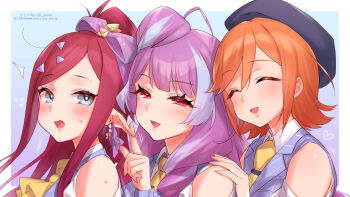 3girls ^_^ blue_eyes blue_vest blush bow brown_hair closed_eyes collared_shirt closed_eyes from_side hair_behind_ear hair_bow head_tilt highres kaname_buccaneer looking_at_viewer macross macross_delta mikumo_guynemer mirage_farina_jenius multicolored_hair multiple_girls necktie open_mouth orange_hair pointy_ears purple_bow purple_hair red_eyes sasanoneko shirt sleeveless sleeveless_shirt smile streaked_hair vest white_shirt yellow_necktie