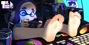 1boy barefoot blue_eyes chair chips_(food) commentary_request computer_keyboard computer_mouse cup disposable_cup drinking_straw feet feet_on_table food foot_focus headphones highres inkling inkling_boy inkling_player_character kotoba_(1074421015) locker male_focus nintendo nintendo_switch open_mouth playing_games playing_video_games pointy_ears potato_chips purple_hair sitting soles splatoon_(series) sweater unworn_headphones