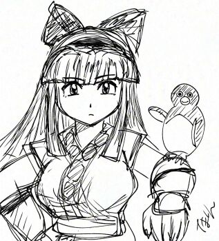 1girl ainu_clothes arm_up artist_name breasts fingerless_gloves gloves hair_ribbon hand_on_own_hip highres large_breasts long_hair looking_at_viewer mamahaha monochrome nakoruru oekaki ribbon samurai_spirits serious sketch snk the_king_of_fighters the_king_of_fighters_xiv