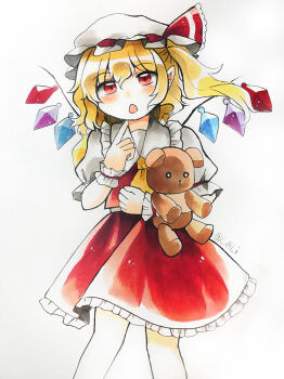 1girl ascot bad_id bad_pixiv_id blonde_hair blush collared_shirt commentary_request crystal crystal_wings flandre_scarlet frilled_shirt_collar frilled_skirt frills hat hugging_doll hugging_object looking_at_viewer maa_(forsythia1729) mob_cap multicolored_wings one-hour_drawing_challenge one_side_up open_mouth pointy_ears puffy_short_sleeves puffy_sleeves red_eyes red_skirt red_vest shirt short_sleeves skirt skirt_set solo stuffed_animal stuffed_toy teddy_bear touhou traditional_media twitter_username vest white_hat wings wrist_cuffs yellow_ascot