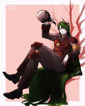 1other :q arm_up armband black_shorts bottle brown_pants brown_shirt closed_mouth crossed_legs crown e.g.o_(project_moon) employee_(project_moon) giant_tree_sap green_hair heaven_(e.g.o) highres holding holding_bottle lobotomy_corporation long_hair long_sleeves nugget_(project_moon) orange_armband pants project_moon red_armband red_crown red_eyes shirt shorts sitting tongue tongue_out very_long_hair yatsumeunagi