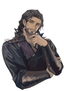 Rule 34 | 1boy, absurdres, arm around waist, baldur's gate, baldur's gate 3, beard stubble, black hair, cropped torso, earrings, facial hair, gale (baldur's gate), hand on own arm, hand on own chin, highres, jewelry, looking at viewer, male focus, medium hair, parted lips, simple background, solo, stroking beard, stubble, white background, youamo