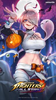1girl absurdres angel_(kof) blue_eyes bodypaint candy costume female_focus food halloween halloween_costume hands_up highres licking licking_lips looking_at_viewer mummy mummy_costume net_marble netmarble night outdoors pale_skin panties pumpkin short_hair smile smiley_face standing the_king_of_fighters the_king_of_fighters_all-stars thick_thighs thighs tongue tongue_out underwear white_hair white_panties