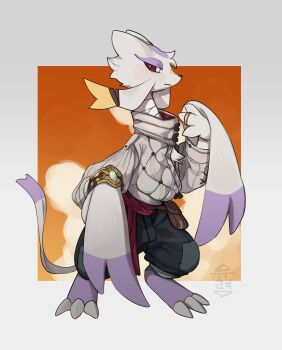 Rule 34 | absurdres, black pants, claws, clothed pokemon, coat, gen 5 pokemon, grey fur, highres, jewelry, looking at viewer, mienshao, nintendo, no humans, pants, pokemon, pokemon (creature), purple fur, red eyes, ring, solo, standing, tail, two-tone fur, white coat, yuureii