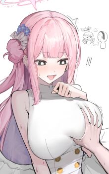 1boy 1girl absurdres angel_wings black_eyes blue_archive blush breasts doodle_sensei_(blue_archive) dress grabbing_another's_breast groping hair_bun halo highres large_breasts long_hair mika_(blue_archive) nephthys2356 open_mouth pink_hair sensei_(blue_archive) single_side_bun sleeveless sleeveless_dress smile white_dress wings