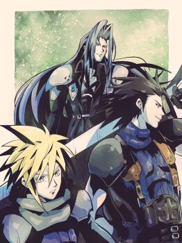 3boys armor belt belt_buckle black_coat black_hair blonde_hair blue_eyes blue_sweater buckle buster_sword cloud_strife coat crisis_core:_final_fantasy_vii final_fantasy final_fantasy_vii green_scarf grey_hair highres holding holding_sword holding_weapon long_hair male_focus motsutei multiple_belts multiple_boys parted_bangs scarf sephiroth shinra_infantry_uniform short_hair shoulder_armor sleeveless sleeveless_turtleneck spiked_hair sweater sword turtleneck turtleneck_sweater upper_body weapon zack_fair