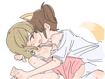 2girls animal_ears bite_mark bite_mark_on_neck blush brown_hair camisole city_(arawi_keiichi) commentary fox_ears fox_girl fox_tail green_eyes highres kemonomimi_mode long_hair medium_hair multiple_girls nagumo_midori niikura_(city) off_shoulder open_mouth pink_camisole pinned ponytail shirt simple_background sweat tail white_background white_shirt wichimi yuri