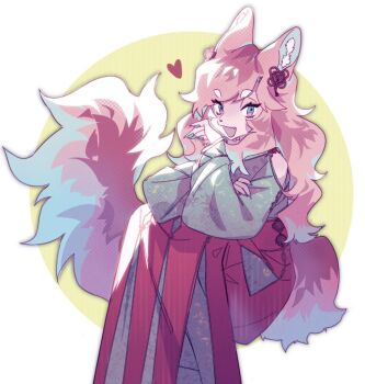 1girl blue_eyes blue_hair body_fur claws colored_tips commentary fuji_166 furry furry_female invisible_chair long_hair long_sleeves looking_at_viewer multicolored_hair open_mouth original pink_fur pink_hair puffy_long_sleeves puffy_sleeves sitting solo tail wolf_girl yellow_background