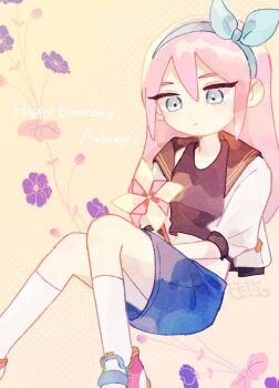 Rule 34 | 1girl, aubrey (faraway) (omori), aubrey (omori), blue eyes, blue hairband, blue skirt, character name, closed mouth, commentary request, crop top, denim, denim skirt, double-parted bangs, hair between eyes, hairband, happy birthday, highres, holding, holding pinwheel, jacket, o tori mhyk, omori, open clothes, open jacket, pink hair, pinwheel, shoes, sidelocks, skirt, sneakers, socks, solo, white jacket, white socks