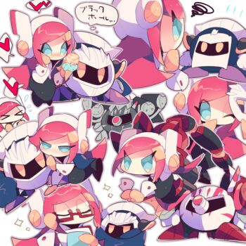 >_< 1boy 1girl armor blue_cape blue_eyes cape closed_eyes commentary_request food glasses gloves heart holding holding_food holding_ice_cream ice_cream kirby:_planet_robobot kirby_(series) mask mecha_knight meta_knight multiple_views nintendo one_eye_closed paper_on_head pauldrons pink_hair rayman_limbs red-framed_eyewear shoulder_armor squiggle stock_mecha_knight susie_(kirby) takashino_(noni-nani) yellow_eyes yellow_gloves