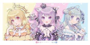 Rule 34 | 3girls, ahoge, amaui, animal ear fluff, animal ears, black bow, black collar, black ribbon, black sleeves, blonde hair, blue bow, blue hair, blue kimono, blush, border, bow, bowtie, braid, breasts, cat, cat ears, closed mouth, collar, commentary request, copyright name, crescent, crescent hair ornament, criss-cross halter, crown, crown braid, detached collar, detached sleeves, dress, ear ribbon, frilled collar, frilled dress, frilled kimono, frilled sleeves, frilled tube top, frills, hair bow, hair intakes, hair ornament, halo, halterneck, highres, hinata mashu, ina uruu, japanese clothes, kimono, kuzuhana, large breasts, lion, long hair, long sleeves, looking at viewer, low twintails, mini crown, multiple girls, nanashi inc., neck ribbon, off-shoulder dress, off shoulder, open mouth, orange eyes, pink eyes, pink ribbon, purple eyes, purple hair, rabbit, ribbon, short hair, side braid, smile, strapless, tube top, twintails, upper body, v-shaped eyebrows, virtual youtuber, white border, white bow, white bowtie, yellow collar, yellow dress
