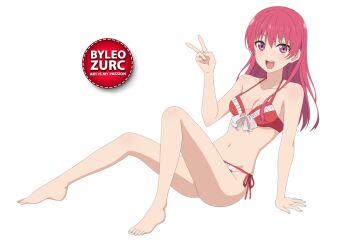 1girl barefoot blush bra breasts feet kanojo_mo_kanojo leozurcxxx long_hair open_mouth panties red_hair saki_saki_(kanojo_mo_kanojo) solo swimsuit toes transparent_background underwear v