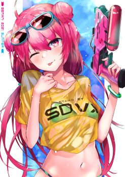 Rule 34 | 1girl, 2021, ;p, bemani, bikini, breasts, eyewear on head, grace (sound voltex), grace (yumebuki) (sound voltex), highres, holding, holding water gun, kie (yospcd), long hair, one eye closed, pink eyes, pink hair, shirt, small breasts, smile, solo, sound voltex, sunglasses, swimsuit, tongue, tongue out, very long hair, water gun, white shirt