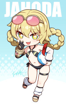 1girl :3 :d ball beachball bikini black_bikini black_gloves blonde_hair braid braided_hair_rings breasts character_name chibi commentary detached_sleeves eyewear_on_head fang full_body genshin_impact gloves hair_rings highres jahoda_(genshin_impact) langbazi leg_warmers looking_at_viewer navel open_mouth pink-tinted_eyewear platform_sandals sandals single_glove skin_fang skindentation small_breasts smile solo star-shaped_pupils star_(symbol) sunglasses swimsuit symbol-shaped_pupils thigh_strap tinted_eyewear toes twin_braids yellow_eyes