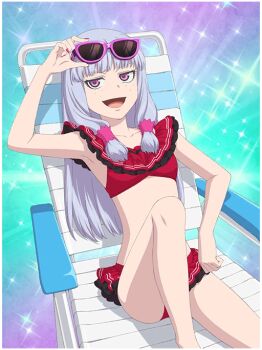 Rule 34 | 1girl, adjusting eyewear, agria (midsummer girl) (tales), agria (tales), beach, bikini, blunt bangs, eyewear on head, freckles, frilled bikini, frills, game cg, hair rings, long hair, nail polish, official alternate costume, official art, purple-framed eyewear, purple eyes, red nails, sidelocks, sitting, smile, solo, sunglasses, swimsuit, tales of (series), tales of asteria, tales of the rays, tales of xillia, white hair