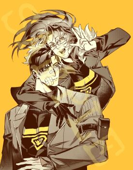 2boys :d arm_around_neck bags_under_eyes bandaid bandaid_on_face bandaid_on_nose beard_stubble black_gloves black_jacket black_shirt breasts brown_hair carrying costume_request facial_hair fur_collar glasses gloves gregor_(project_moon) highres jacket jing84672940 large_breasts limbus_company long_hair looking_at_another looking_at_viewer male_focus meursault_(project_moon) multiple_boys official_alternate_costume open_clothes open_jacket open_mouth piggyback project_moon shirt short_hair shoulder_belt smile stubble v
