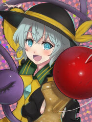 Rule 34 | 1girl, :d, black hat, blue eyes, blush, bright pupils, buttons, checkered background, commentary request, diamond button, eyelashes, foreshortening, frilled shirt collar, frilled sleeves, frills, grey hair, hair between eyes, happy, hat, hat ribbon, highres, kendama, koishi day, komeiji koishi, long sleeves, looking at viewer, luke (kyeftss), open mouth, outstretched arm, ribbon, shirt, short hair, simple background, smile, solo, third eye, touhou, upper body, wide sleeves, yellow ribbon, yellow shirt
