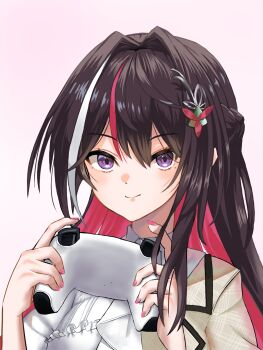 1girl azki_(4th_costume)_(hololive) azki_(hololive) black_hair brown_dress closed_mouth colored_inner_hair controller dress dualshock game_controller gamepad highres holding holding_controller holding_game_controller hololive long_hair looking_at_viewer mole mole_under_eye multicolored_hair pink_hair pink_streaks playstation_controller purple_eyes remynoue smile solo streaked_hair very_long_hair virtual_youtuber white_streaks