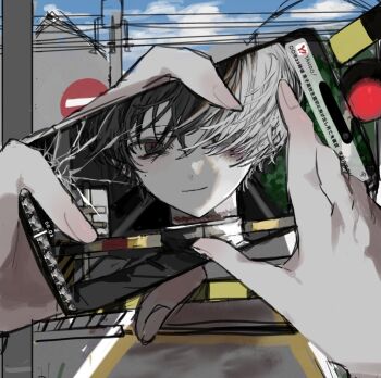 04_11221 1boy black_eyes black_hair bruise bruise_on_face bruise_on_neck closed_mouth collared_jacket cracked_phone false_smile gakuran hair_between_eyes hair_over_one_eye holding holding_phone injury jacket light_smile looking_at_viewer male_focus mole mole_under_eye notification original outdoors pale_skin phone pov recording red_pupils road road_sign school_uniform sign smile solo street traffic_light utility_pole