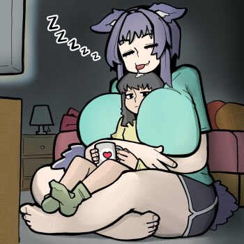 age_difference animal_ears aqua_shirt barefoot between_breasts black_shorts breasts chest_of_drawers closed_eyes crossed_legs cup dog_ears dog_girl dog_tail drinking_glass drooling green_socks grey_hair highres holding holding_cup hug hug_from_behind huge_breasts lamp long_sleeves medium_hair mug onee-loli original purple_ears purple_hair purple_tail shirt short_shorts short_sleeves shorts sitting size_difference sleeping socks tail tall_female television tongue tongue_out tou_toe yellow_shirt zzz