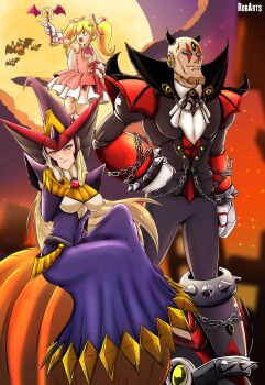 Rule 34 | android, armor, bare shoulders, berkana (mega man), blonde hair, blue eyes, boots, breastplate, breasts, capcom, chain, chain around arm, chest jewel, dress, gloves, gradient ribbon, halloween, halloween roll, halloween sigma, hat, headphones, highres, holding, holding staff, holding wand, horns, jeweled hat, joints, knee boots, large breasts, long dress, long hair, looking at viewer, magical girl, mega man (series), mega man x (series), mega man x dive, mega man xtreme 2, miniskirt, moon, night, pink ribbon, pink skirt, plate armor, purple dress, ribbon, rob (robarts), robot, robot girl, robot joints, roll (mega man), shoulder spikes, sigma (mega man), skirt, spikes, staff, turtleneck, twintails, wand, white gloves, white ribbon, witch, witch hat