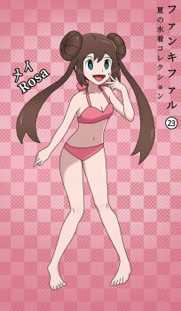 1girl absurdres arm_at_side armpit_crease barefoot bikini blue_eyes breasts brown_hair character_name cleavage collarbone curled_fingers donut_hair_bun double_bun fankifalu feet female_focus floating_hair full_body hair_bun halterneck hand_up happy highres japanese_text knees leaning_forward legs long_hair long_twintails midriff navel neck nintendo no_headwear open_mouth pigeon-toed pink_background pink_bikini pokemon pokemon_bw2 rosa_(pokemon) short_bangs sidelocks small_breasts standing stomach swimsuit thighs toenails toes v very_long_hair