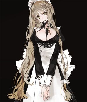 1girl apron black_background black_dress breasts brown_hair cleavage closed_mouth dress female_focus flashback green_eyes head_tilt large_breasts long_hair long_sleeves looking_at_viewer maid maid_apron maid_headdress mo_(mocopo) mouth_hold original own_hands_together simple_background smile solo very_long_hair