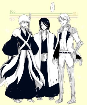 ... 1046sstep_btoh 3boys bleach bleach:_sennen_kessen-hen coat commentary_request greyscale_with_colored_background haori hitsugaya_toushirou hitsugaya_toushirou_(adult) ice japanese_clothes kuchiki_byakuya kurosaki_ichigo male_focus multiple_boys no_shirt open_clothes open_coat shihakusho spoken_ellipsis sweatdrop sword sword_on_back taichou_haori weapon weapon_on_back yellow_background