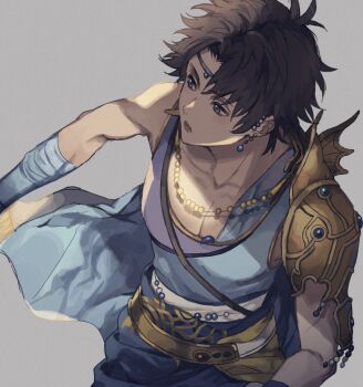 1boy 234_(1234!) armor bartz_klauser belt blue_cape blue_eyes blue_shirt brown_hair cape collarbone commentary_request earrings final_fantasy final_fantasy_v grey_background jewelry looking_to_the_side male_focus open_mouth pectorals shirt short_hair shoulder_armor single_bare_shoulder sleeveless sleeveless_shirt solo upper_body