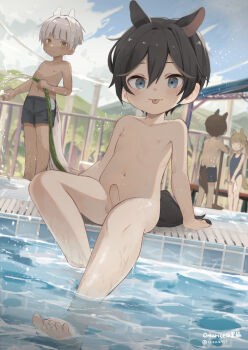 1girl 3boys :q animal_ears artist_name bare_legs bare_shoulders barefoot black_hair blue_eyes blue_sky cloud cloudy_sky completely_nude dark-skinned_male dark_skin day erection full_body grey_male_swimwear hair_between_eyes highres holding hose kemonomimi_mode looking_at_viewer male_focus male_swimwear mountainous_horizon multiple_boys navel nipples nude omurice_(roza4957) original outdoors pool poolside short_hair shota sitting sky source_request swim_trunks swimsuit tail testicles tongue tongue_out uncensored water