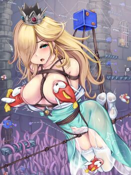 1girl :o aqua_dress aqua_eyes arms_behind_back ass bdsm between_breasts blonde_hair bondage bound bowser_logo breasts cleavage commentary crotch_rope crown dress earrings eyes_visible_through_hair fish flag full_body gem high_heels highres jewelry lace lace-trimmed_legwear lace_trim large_breasts long_dress mario_(series) monikano navel nintendo open_mouth panties platform pussy_juice rope rosalina shibari solo star_(symbol) star_earrings star_print super_mario_galaxy tentacles thighhighs thighs tilted_headwear tower underwear white_panties