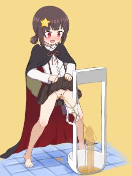1girl absurdres bar_censor barefoot blush brown_hair censored cleft_of_venus cloak clothes_lift feet female_focus green_bell_(yksk042) hair_ornament highres komekko kono_subarashii_sekai_ni_shukufuku_wo! lifting_own_clothes loli midori_no_beru open_mouth panties panties_around_leg pee peeing pussy red_eyes shirt short_hair sidelocks skirt skirt_lift solo standing star_(symbol) star_hair_ornament toes twintails underwear urinal urinal_use white_panties white_shirt yellow_background