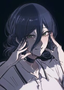 1girl black_choker blue_hair chainsaw_man choker green_eyes grenade_pin hair_between_eyes highres looking_at_viewer medium_hair moku_(muooku) polo_shirt reze_(chainsaw_man) shirt solo white_shirt