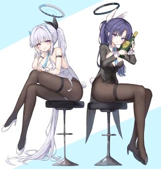 2girls absurdly_long_hair absurdres aqua_necktie black_bow black_jacket black_leotard black_pantyhose black_shoes blonde_hair blue_archive blue_eyes bottle bow breasts cleavage collared_jacket commentary_request fake_tail grin hair_bow halo hamu_(hvmzld123) hand_rest hand_up high_heels highres holding holding_bottle jacket large_breasts legs leotard long_hair long_sleeves looking_at_viewer mechanical_halo multiple_girls necktie noa_(blue_archive) on_stool pantyhose playboy_bunny ponytail pumps purple_eyes purple_hair rabbit_tail shoes sitting smile strapless strapless_leotard tail thighband_pantyhose two-tone_background v-shaped_eyebrows very_long_hair white_leotard white_shoes white_wrist_cuffs wing_collar wispy_bangs wrist_cuffs yuuka_(blue_archive)