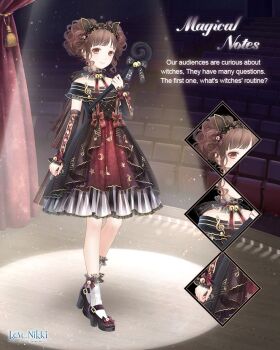 1girl animal_ear_hairband animal_ears ankle_bow ankle_ribbon ankle_socks argyle_clothes argyle_dress artist_request bare_shoulders bell black_arm_warmers black_bow black_dress black_hairband black_shoes blunt_bangs bow bow_choker bow_legwear brooch brown_eyes brown_hair cat_ear_hairband cat_ears character_name choker close-up closed_mouth copyright_logo crescent_print curtains dot_nose double_bun dress english_text eyelashes fake_animal_ears footwear_bell footwear_bow frilled_arm_warmers frilled_choker frilled_dress frilled_hairband frilled_sleeves frilled_socks frills full_body gold_buckle hair_bun hairband happy high_heels holding holding_staff indoors jewelry layered_dress light_blush light_particles logo lolita_hairband magical_notes_(miracle_nikki) mary_janes medium_dress miracle_nikki musical_note musical_note_brooch musical_note_print neck_bell nikki_(series) off-shoulder_dress off_shoulder official_art print_bow print_dress pumps red_bow red_choker red_dress ribbon shoes short_hair short_sleeves sidelocks smile socks solo spotlight staff stage standing star_(symbol) star_print striped_bow striped_sleeves tareme theater theater_seating third-party_source treble_clef wavy_hair white_socks wrist_belt wrist_bow