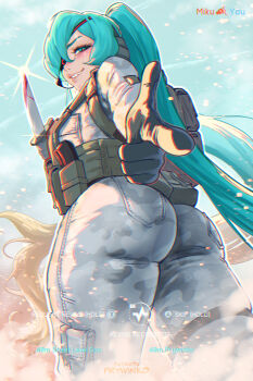 1girl aqua_eyes aqua_hair ass backpack bag battlefield battlefield_(series) battlefield_6 blood bloody_knife camouflage camouflage_pants combat_knife earphones english_text eyepatch finger_gun foreshortening gameplay_mechanics grin hatsune_miku heads-up_display highres holding holding_knife holding_weapon knife long_hair long_sleeves military_combat_uniform military_uniform pants pointing pointing_at_viewer prywinko smile solo tight_clothes tight_pants twintails user_interface very_long_hair vocaloid weapon