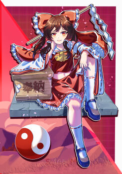 1girl absurdres ascot black_shoes bow box brown_hair commentary detached_sleeves donation_box english_commentary frilled_bow frilled_hair_tubes frilled_skirt frills gohei hair_bow hair_tubes hakurei_reimu highres holding holding_ofuda long_hair looking_at_viewer mary_janes midriff mixed-language_commentary navel ofuda open_mouth orb red_bow red_eyes red_skirt ribbon-trimmed_sleeves ribbon-trimmed_socks ribbon_trim s-tea-m shoes sitting skirt skirt_set smile socks solo touhou translation_request white_socks yellow_ascot yin_yang yin_yang_orb