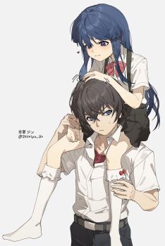 1boy 1girl absurdres belt black_hair black_pants black_skirt blue_eyes blue_hair blush bobby_socks bow bowtie brown_hair carrying closed_mouth collared_shirt dress_shirt frilled_socks frills furude_rika grey_background hair_between_eyes hand_on_another&#039;s_head heart highres higurashi_no_naku_koro_ni holding_hands kneehighs long_hair looking_at_another maebara_keiichi no_shoes pants pink_bow pleated_skirt purple_eyes red_bow red_bowtie red_shirt school_uniform shimiya_jin shirt shirt_tucked_in short_hair short_sleeves shoulder_carry simple_background skirt socks suspender_skirt suspenders sweatdrop twitter_username white_background white_shirt white_socks