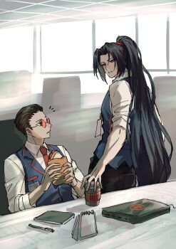 2boys alternate_costume black_eyes black_hair blue_vest brown_eyes chewing collared_shirt computer cup curtained_hair disposable_cup food gubo_(project_moon) hair_slicked_back high_ponytail highres holding holding_cup holding_food holding_sandwich id_card jia_huan_(project_moon) killerohan laptop limbus_company looking_at_another male_focus multiple_boys necktie notepad notice_lines pen ponytail project_moon red-tinted_eyewear red_necktie sandwich shirt short_hair sleeves_rolled_up tinted_eyewear toned toned_male upper_body vest white_shirt