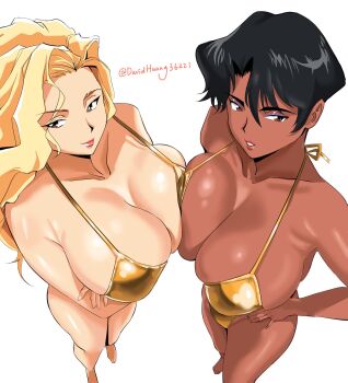 2girls bare_shoulders bikini black_hair blonde_hair breasts cleavage collarbone david_huang gold_bikini golden_boy hayami_ayuko highres large_breasts long_hair makeup multiple_girls onna_shachou short_hair simple_background swimsuit tan thighs white_background