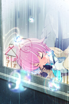1boy 1girl absurdres ahoge aqua_necktie black_gloves blanket blue_archive blush closed_eyes commentary_request doodle_sensei_(blue_archive) fingerless_gloves glass_writing gloves halo highres hoshino_(blue_archive) leaning_forward long_hair long_sleeves necktie parted_lips pink_hair pink_halo rain sensei_(blue_archive) sharu06051 shirt sleeping solo_focus white_shirt window