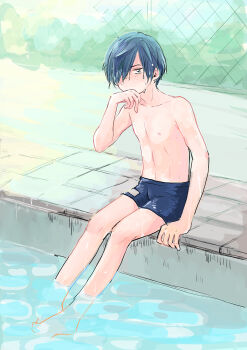 1boy absurdres blue_hair blue_male_swimwear chain-link_fence commentary_request fence freckles hair_over_one_eye highres irohauta kuji_toi looking_at_viewer male_focus male_swimwear pool sarazanmai short_hair sitting soaking_feet solo swim_trunks topless_male wet wet_hair