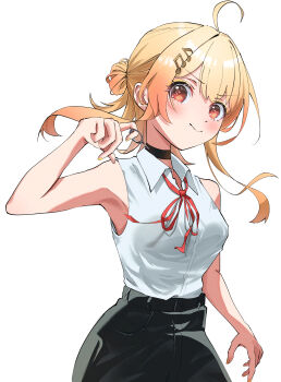 1girl :&gt; absurdres ahoge alternate_breast_size_(larger) armpits bare_shoulders black_shorts blonde_hair breasts chainsaw_man choker cosplay gradient_hair hair_bun hair_ornament highres hololive light_blush long_hair looking_at_viewer multicolored_hair musical_note otonose_kanade red_ribbon regloss_(hololive) reze_(chainsaw_man) reze_(chainsaw_man)_(cosplay) ribbon shirt shorts side_ponytail simple_background sleeveless sleeveless_shirt solo vermin. virtual_youtuber white_shirt yellow_eyes