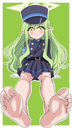 Rule 34 | 1girl, barefoot, blue archive, blush, feet, green hair, hat, hikari (blue archive), long hair, looking at viewer, pointy ears, riokasen, smile, soles, toes, yellow eyes